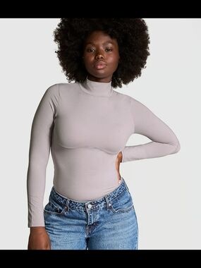 PINK Victoria's Secret Long-Sleeve Mock Neck Top in Light Taupe